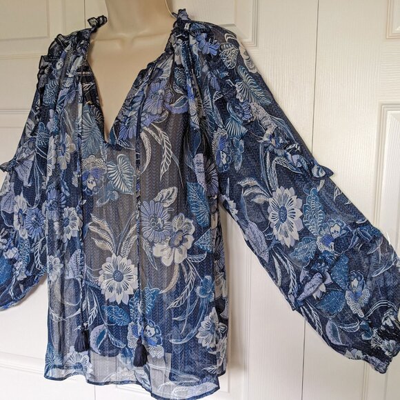 NWT Miss June Paris pullover 1 Size pullover top, Blue sheer floral, Made India - Picture 9 of 16